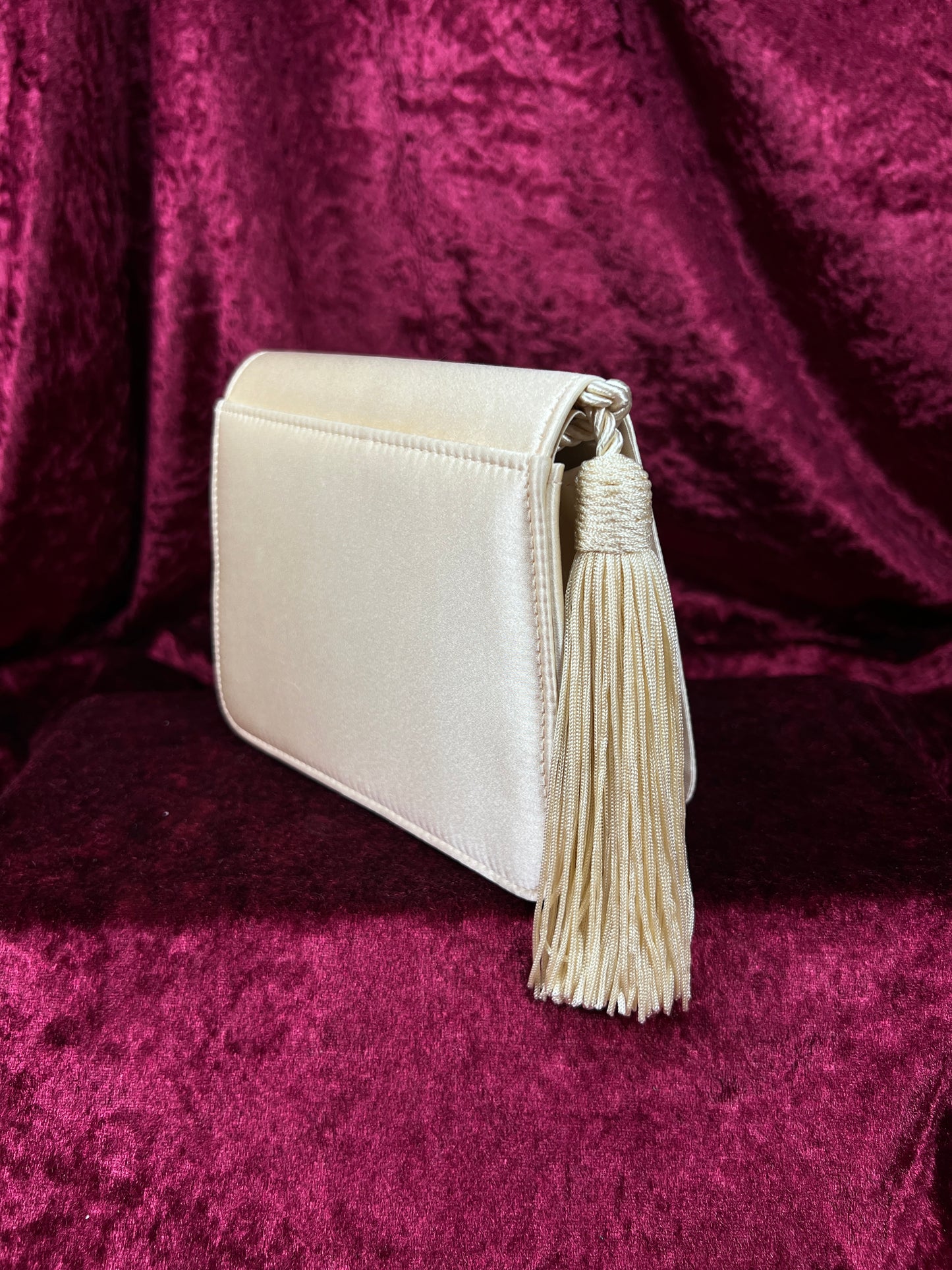 Vintage 100% Silk Evening Bag - Ivory Tassel Rope Crossbody Mini Purse