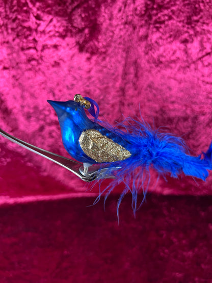 Vintage Christmas - Glass Clip-On Ornament - Royal Blue Peacock with Feather Tail