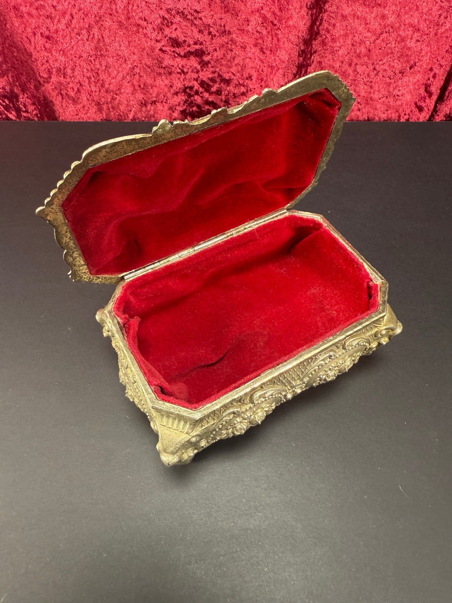 Vintage Vanity - Jewelry Box - Ornate Silver Floral Filigree - Red Velvet Lining - Footed