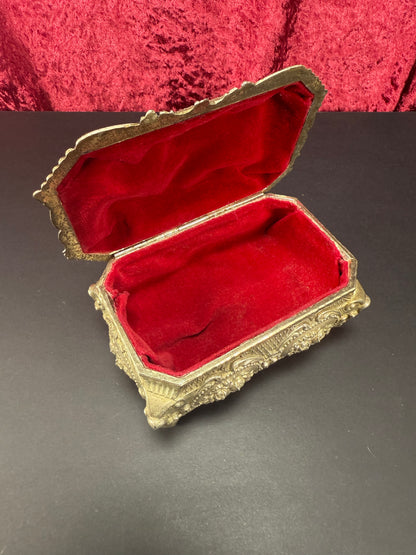Vintage Vanity - Jewelry Box - Ornate Silver Floral Filigree - Red Velvet Lining - Footed