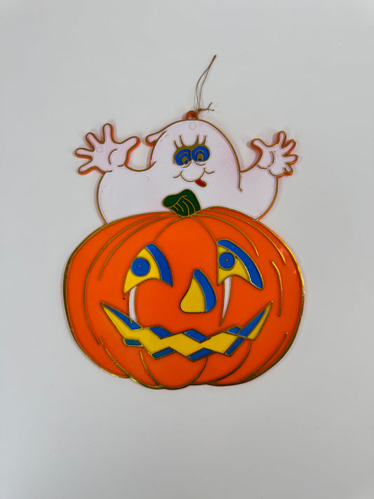 Vintage Halloween Decoration - Plastic Window Suncatcher - Ghost and Jack-o-Lantern