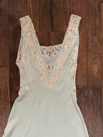 Vintage 1940s Bias Cut Slip Dress - Seafoam Green Lace Nightgown - Medium