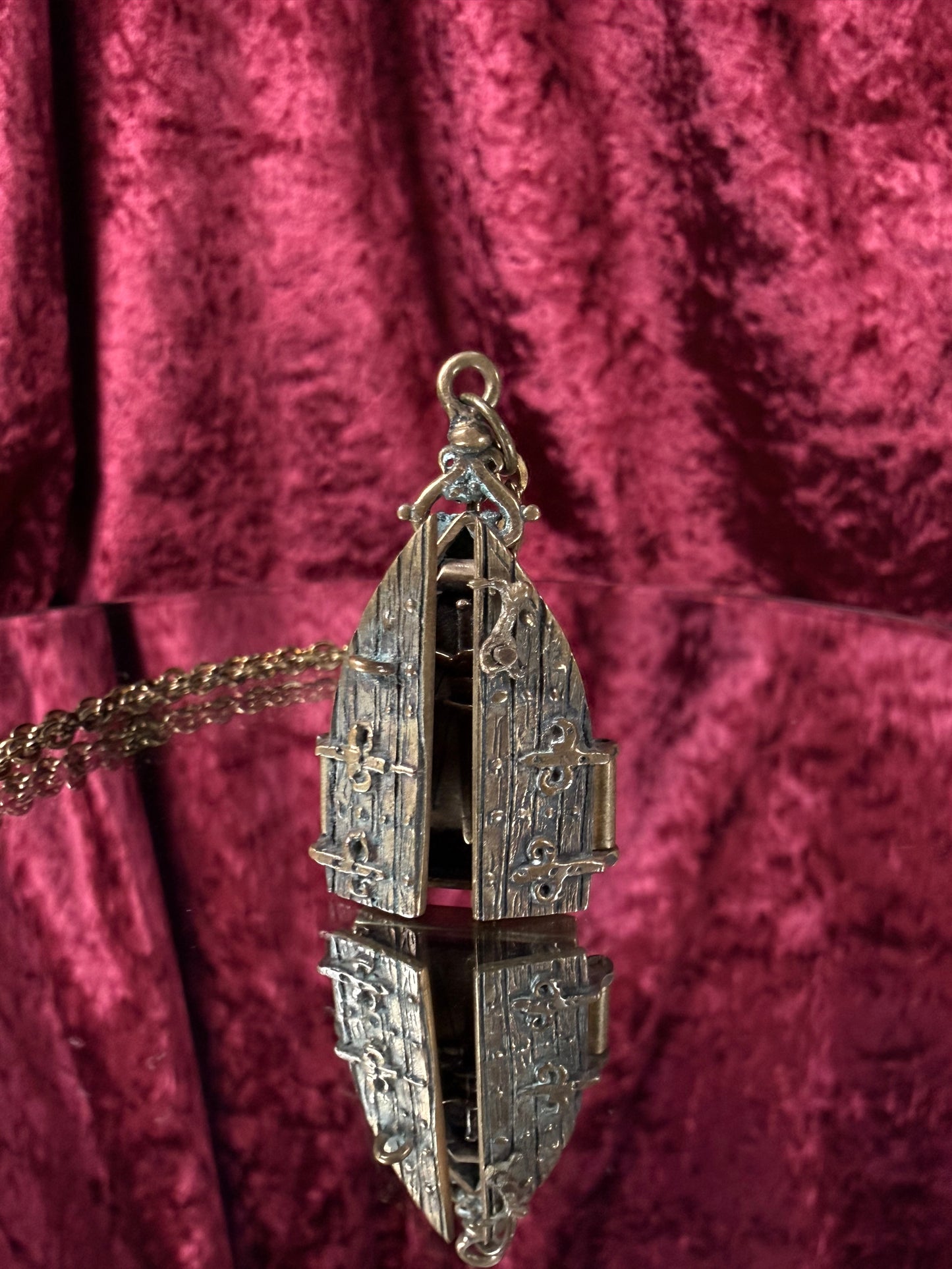 Vintage Jewelry - Brass Gothic Locket - Hinged Doors with Sword Against Time