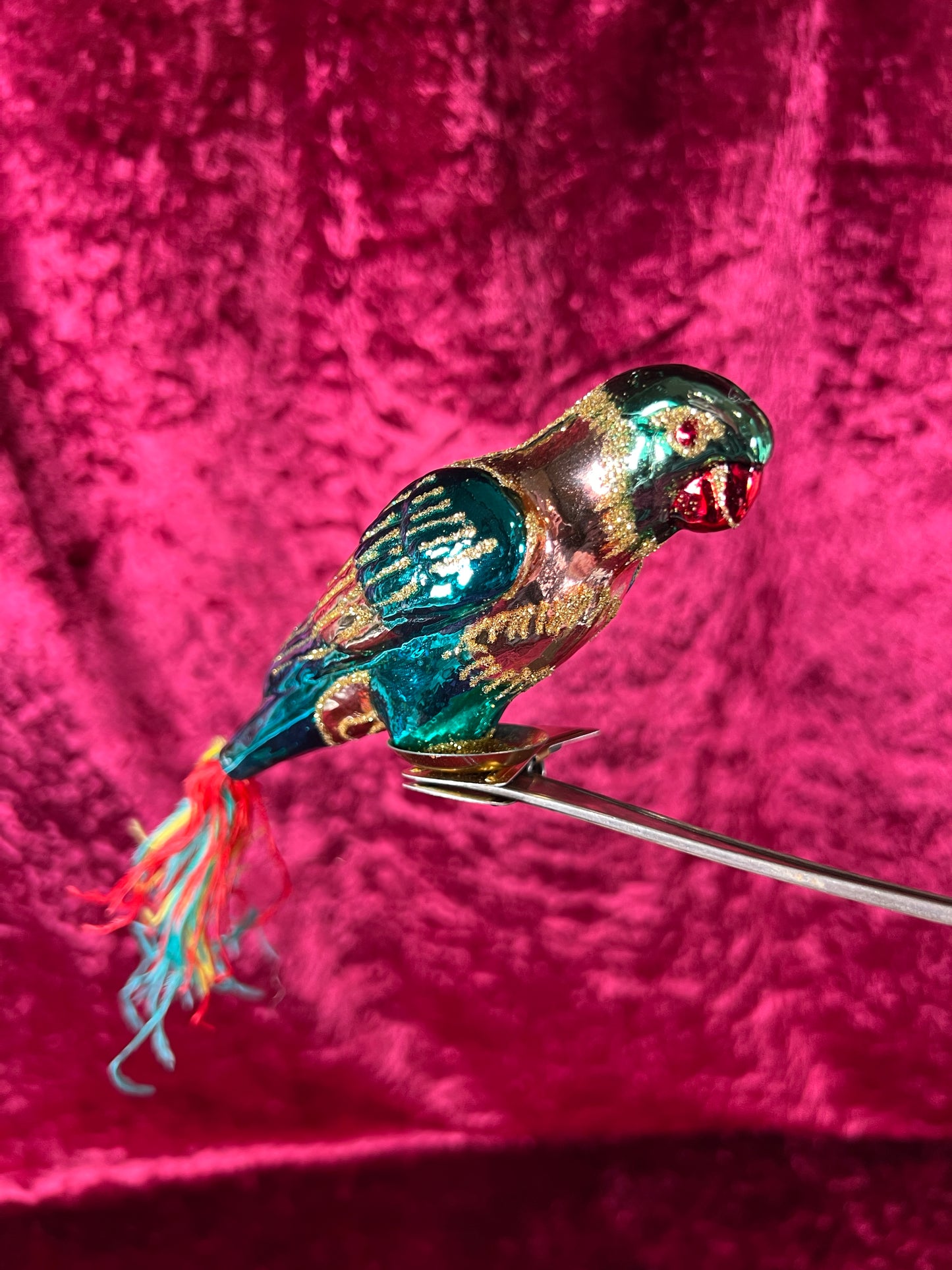 Vintage Christmas - Glass Clip-On Ornament - Teal Blue Parrot with Feather Tail