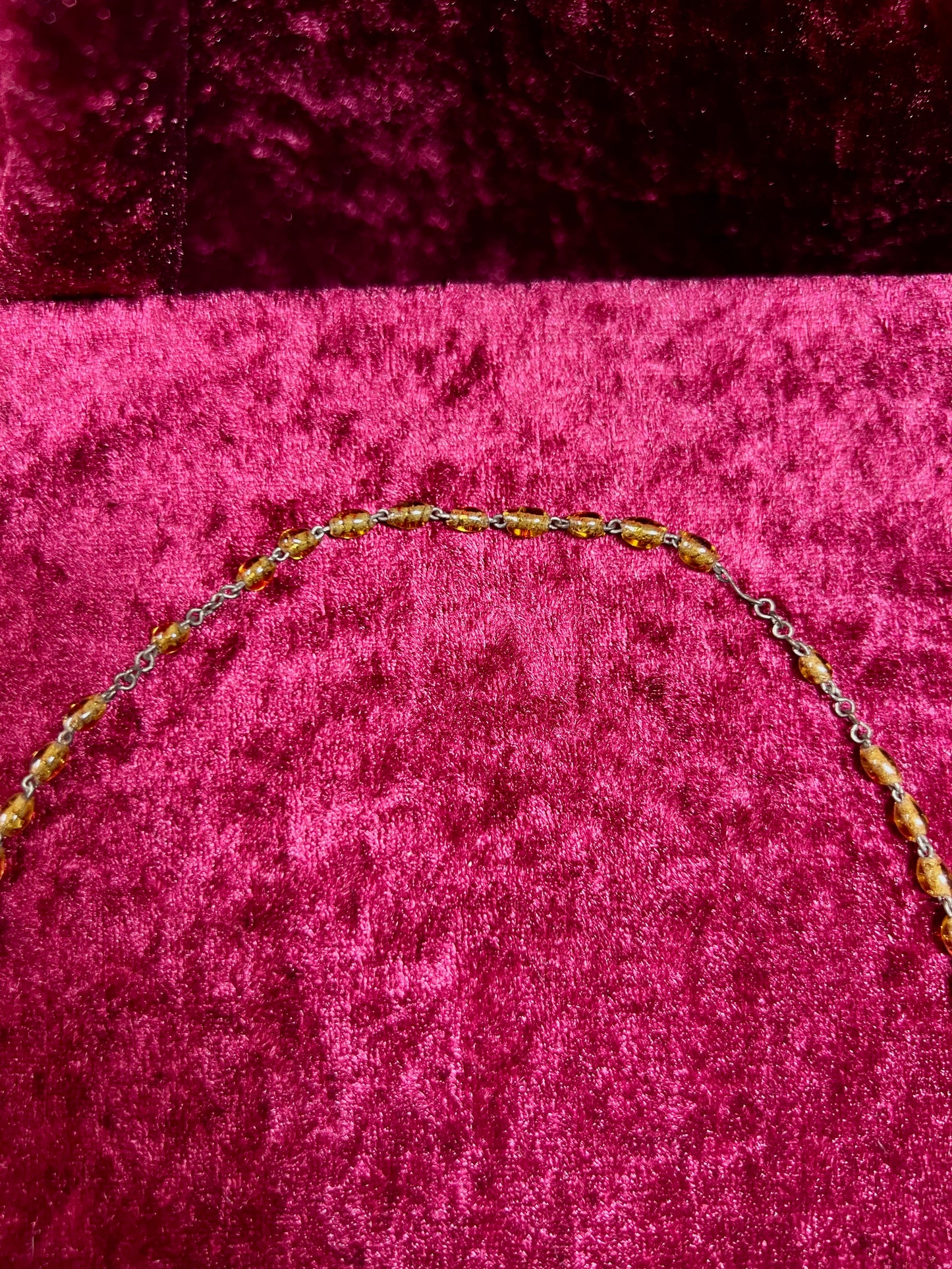 Vintage Jewelry - Rosary Beads - Clear Amber Beads - Brass Tone Cross - 14"