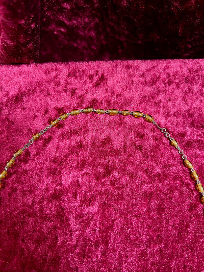Vintage Jewelry - Rosary Beads - Clear Amber Beads - Brass Tone Cross - 14"