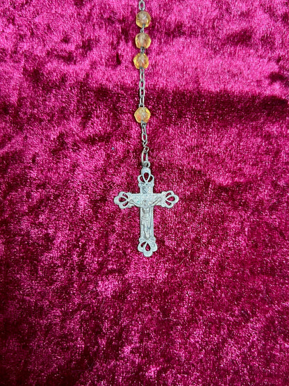 Vintage Jewelry - Rosary Beads - Faceted Amber Beads - Silver Tone Cross - 13.75"