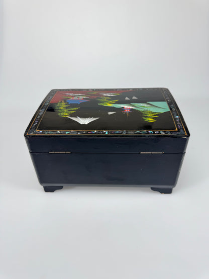 Vintage Japanese Hand Painted Music Jewelry Box w. Mirror Lid and Abalone Detail and Key