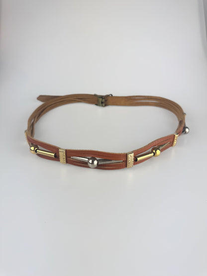 Vintage Belt - 90s HIppie Style Tan Sliced Leather with Two Tone Beads -39"