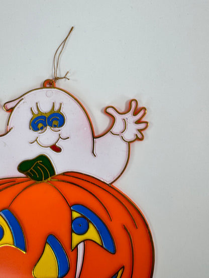 Vintage Halloween Decoration - Plastic Window Suncatcher - Ghost and Jack-o-Lantern