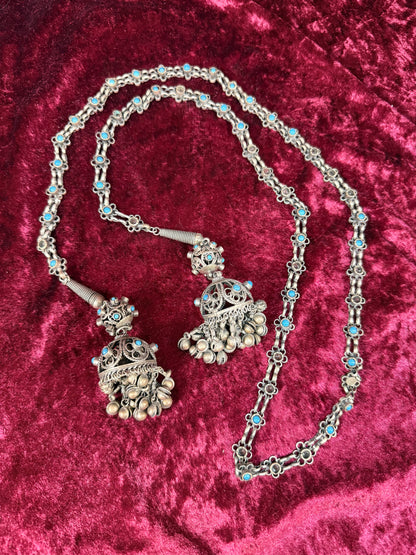 Vintage Tribal Statement Necklace – Turquoise Accent Jhumka Tassel Adornment