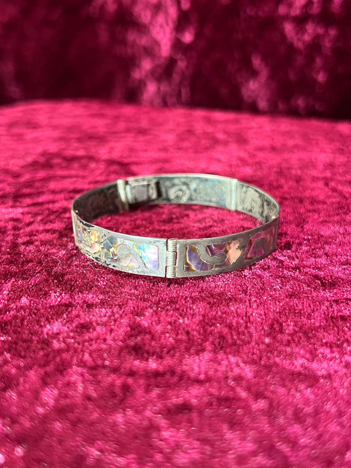 Vintage Jewelry - Bangle Bracelet - Sterling Silver - Inlaid Abalone Shell Panels - Mexico