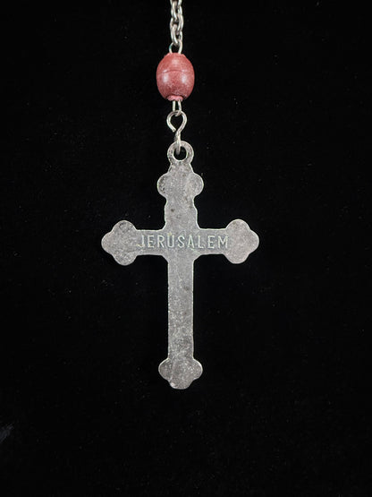 Vintage Wood Bead Catholic Rosary - Red Stained Beads with Ornate Crucifix