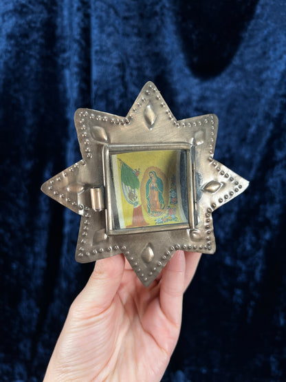 Vintage Mexican Metal Shrine – Our Lady of Guadalupe Star Shadow Box