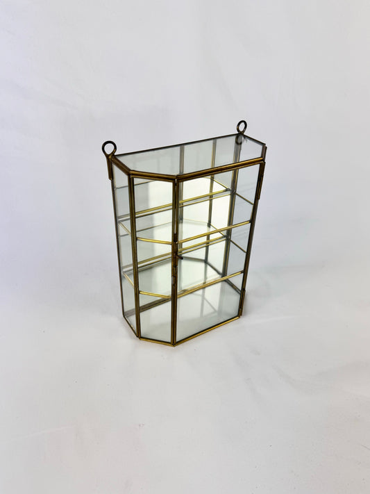 Vintage Brass & Glass Mirrored Miniature 3-Shelf Wall Hanging Curio Cabinet
