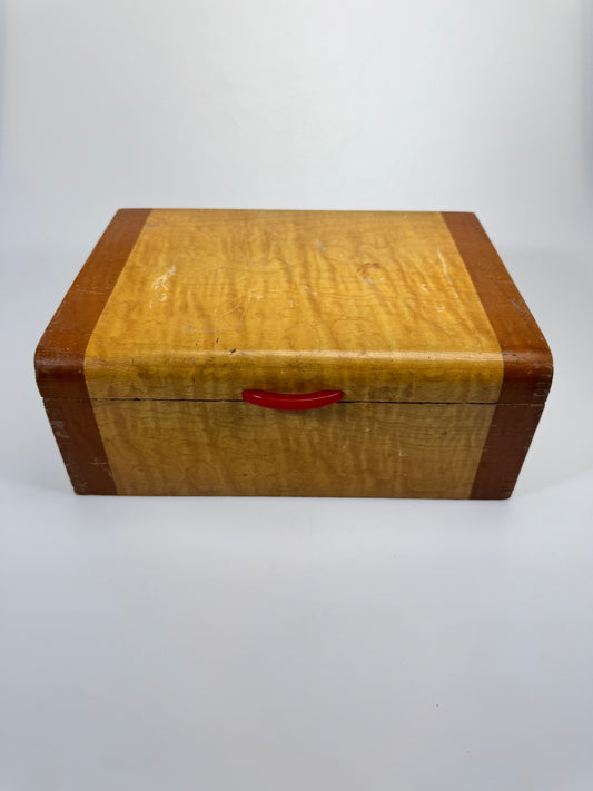 Vintage Streamlined Design Wooden Jewelry Box with Red Bakelite Handle