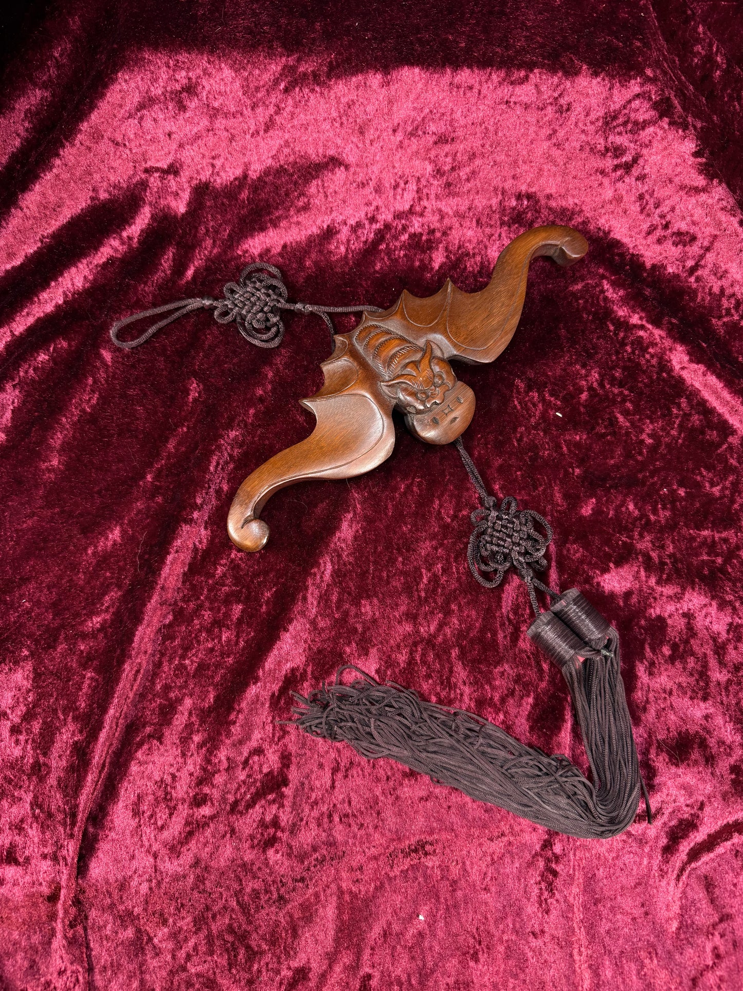 Vintage Wood Wall Hanging – Asian Carved Bat Sculpture with Knotted Tassel