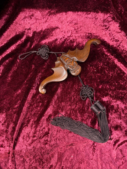 Vintage Wood Wall Hanging – Asian Carved Bat Sculpture with Knotted Tassel