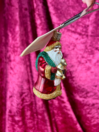 Vintage Christmas - Handblown Glass Ornament - Santa Claus and Teddy Bear - Patricia Breen - Poland