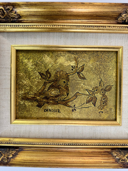 Vintage Framed Art - Gold Leaf Bird on a Branch with Ornate Gilt Frame - DENDLER