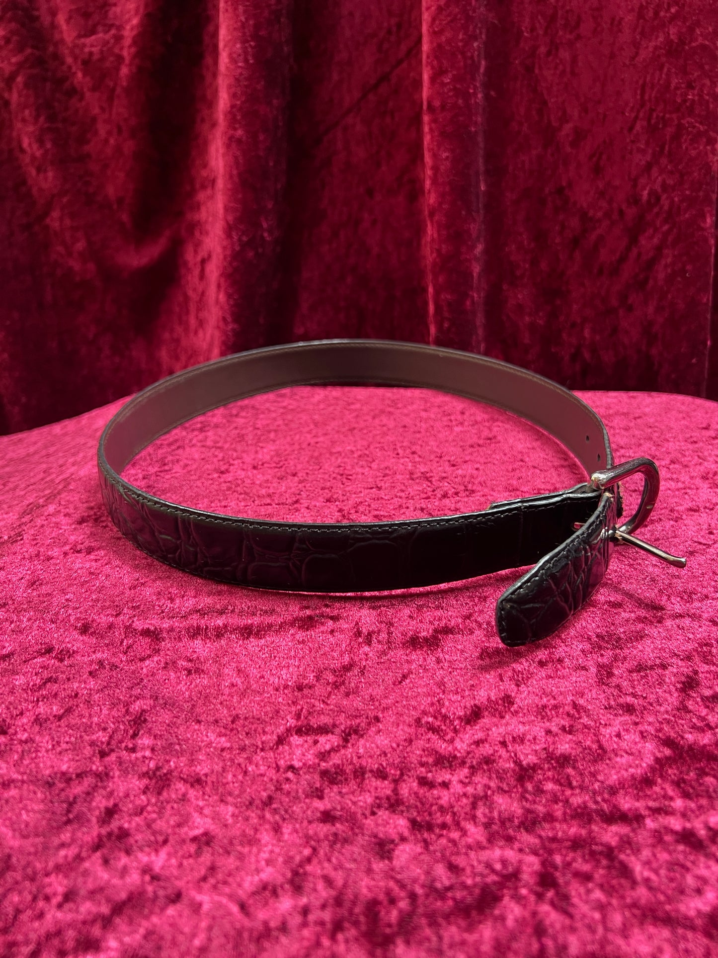 Vintage Leather Belt – Black Alligator Embossed with Silver Buckle - Size 30