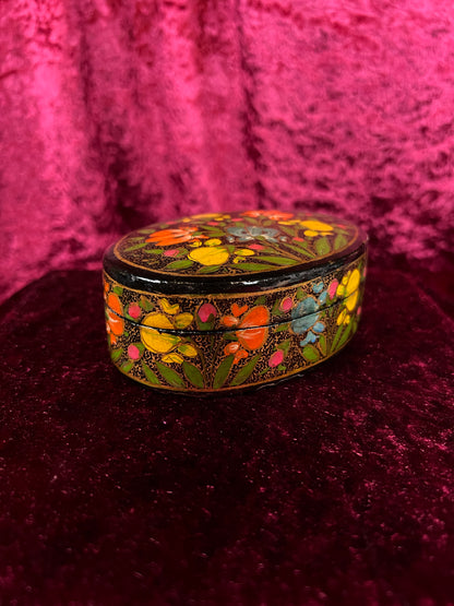 Vintage Papier Mache Trinket Box - Hand Painted Floral Kashmir Style