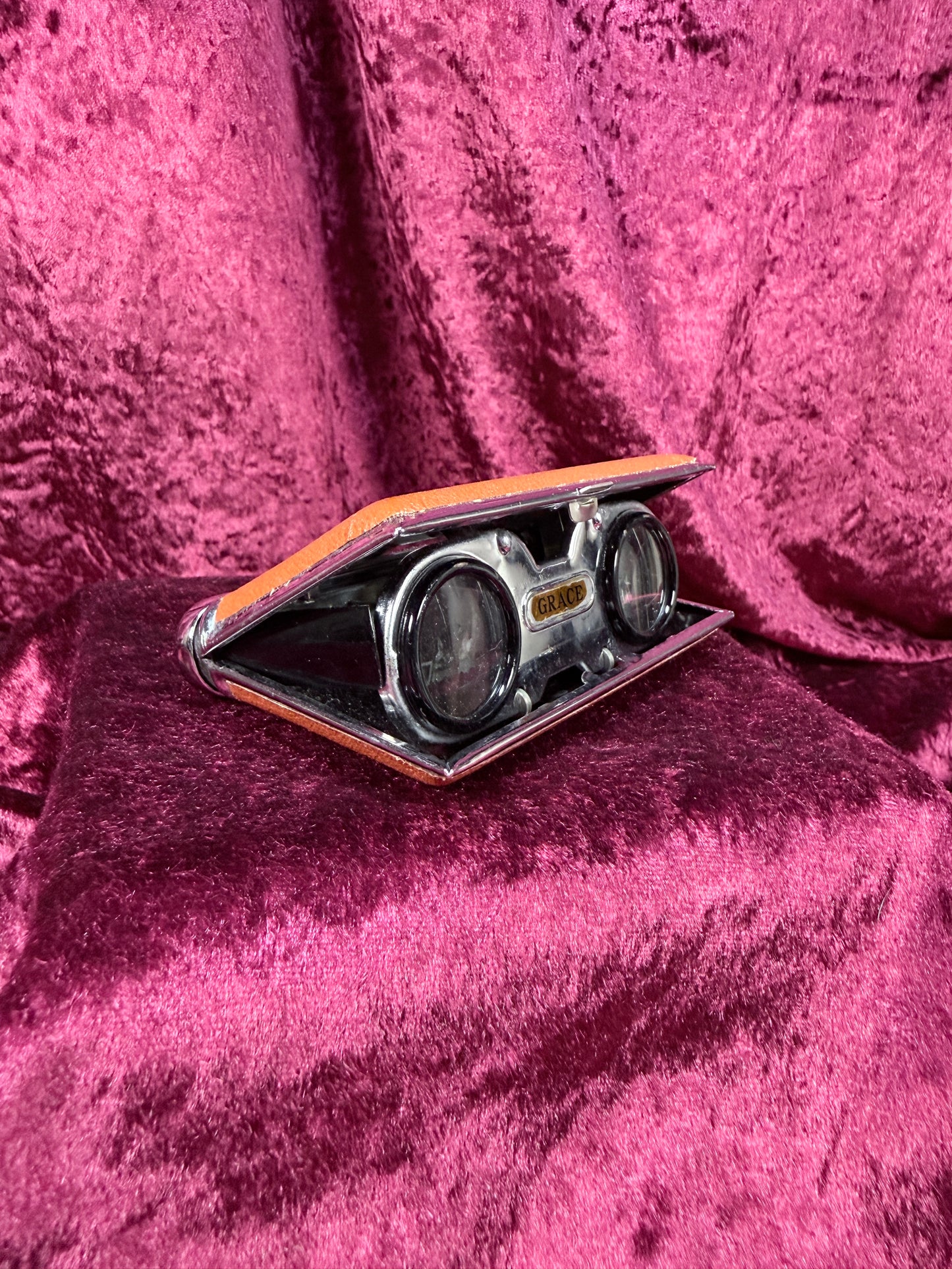 Vintage Metal Opera Glasses – Functional Orange Leatherette Folding Binoculars