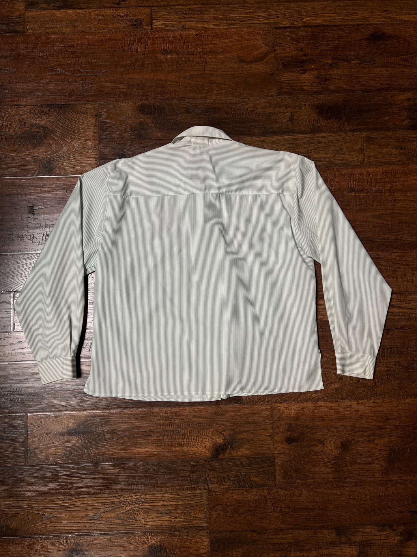 Vintage Koret Francisca Cotton Blend Blouse – Green Pinstripe Floral Embroidery – Medium