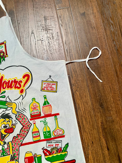 Vintage 1950s Pinafore Apron - Wot’s Yours? - Cartoon Bar Graphic