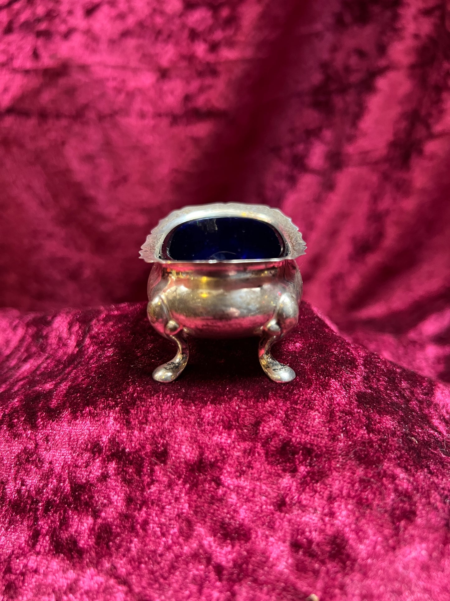 Vintage Kitchen - Footed Salt Cellar with Cobalt Blue Glass Insert - Sterling Silver - Hardy Bros - England