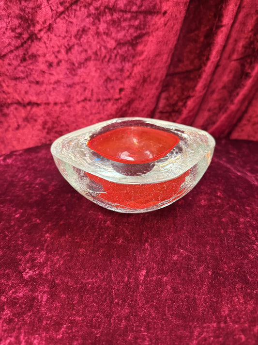 Vintage Home Decor - Murano Glass Bowl - Sommerso Cracked Glass Ashtray with Orange Center