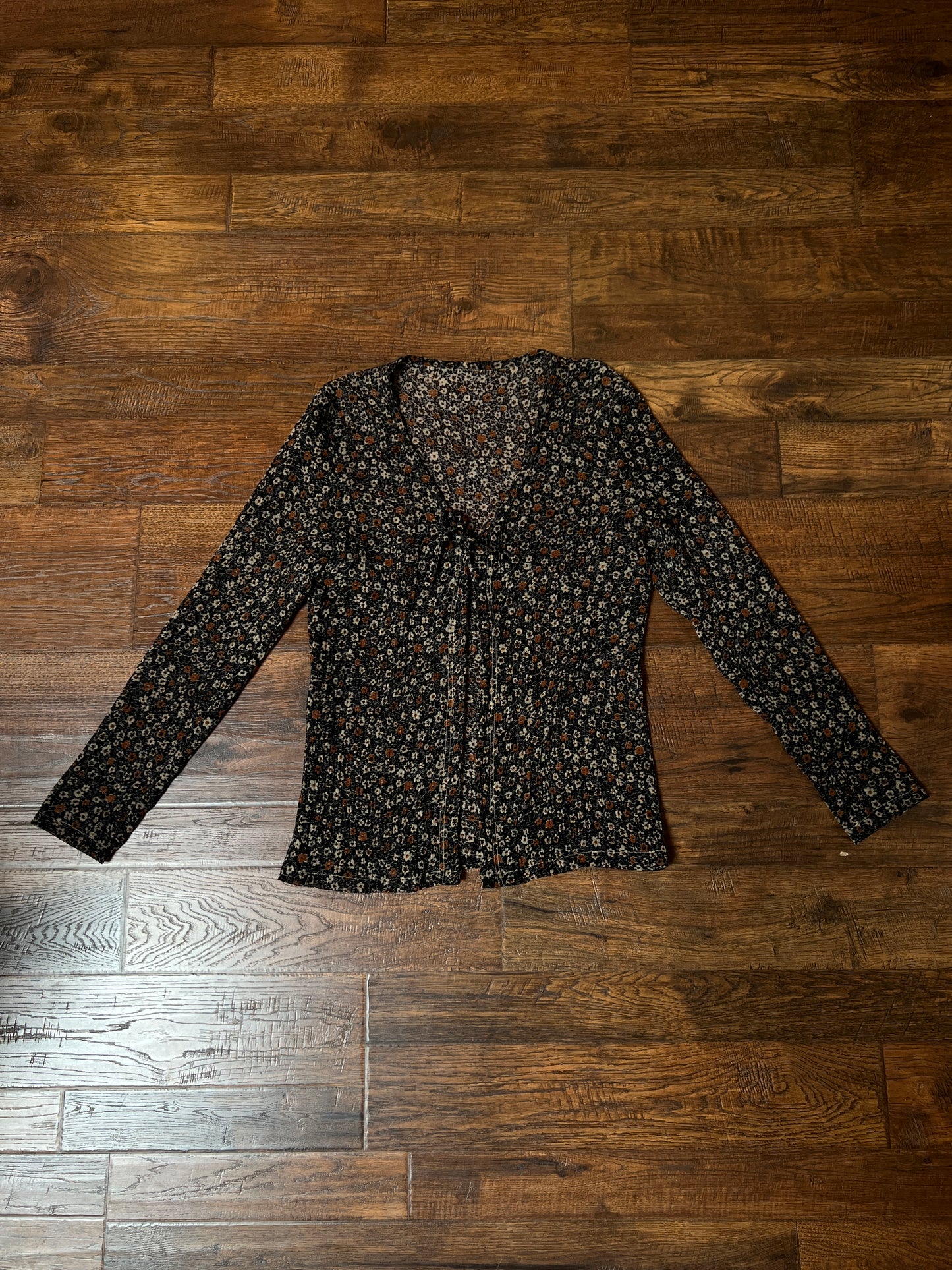 Vintage Sheer Camisole - Black Ditsy Floral Long Sleeve Top - Small