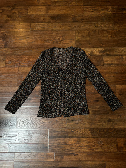 Vintage Sheer Camisole - Black Ditsy Floral Long Sleeve Top - Small