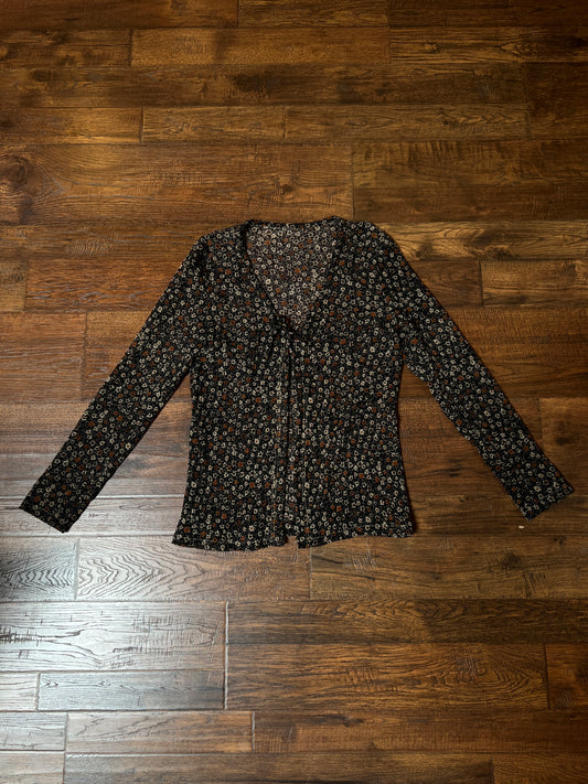 Vintage Sheer Camisole - Black Ditsy Floral Long Sleeve Top - Small