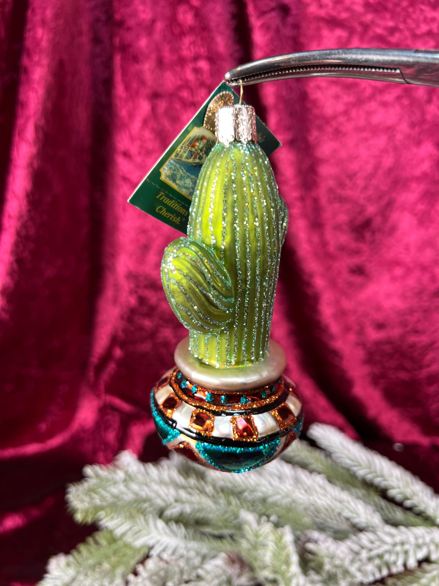 Vintage Christmas - Handblown Glass Ornament - Potted Cactus - Old World Christmas
