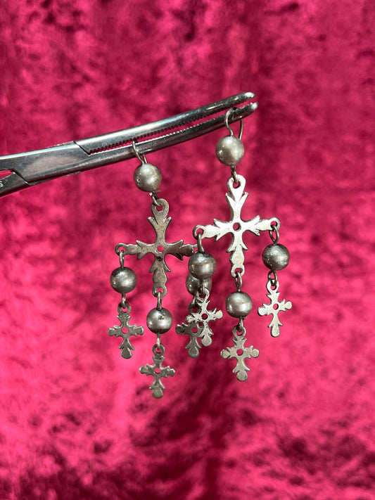 Vintage Jewelry - Dangle / Drop Earrings - 925 Silver - Ornate Crosses on Censers