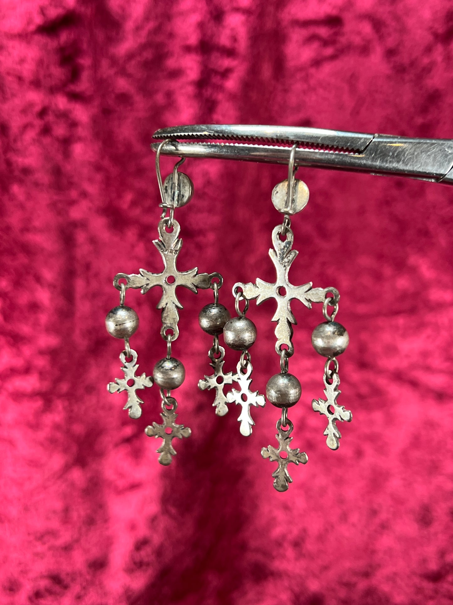 Vintage Jewelry - Dangle / Drop Earrings - 925 Silver - Ornate Crosses on Censers