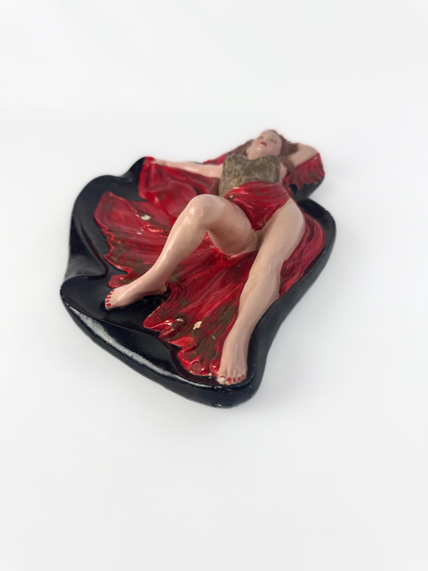 Vintage MCM Holland Mold Chalkware Ashtray with Sexy Risque Lady in Red