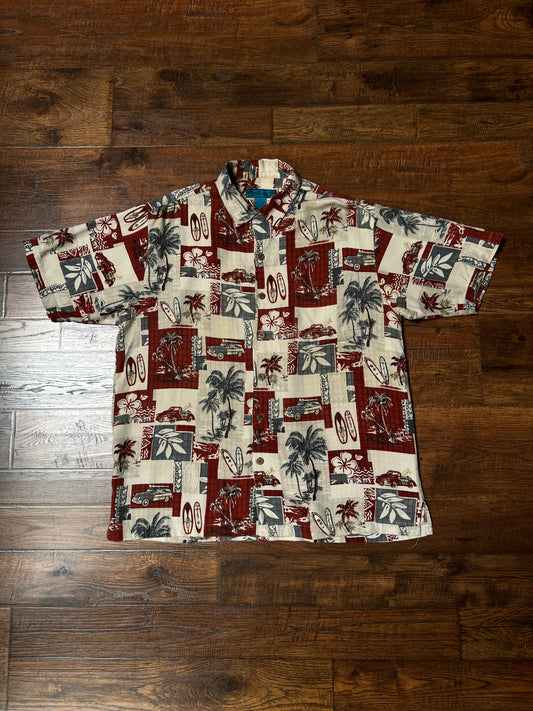 Vintage Paradise Blue Silk Rayon Shirt – Hawaiian Surf Car Print – Size Large