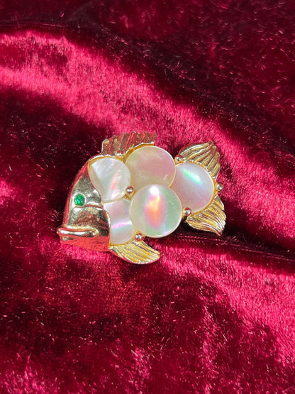 Vintage Jewelry - Brooch - Gold Tone Fish - Green Rhinestone Eye - Mother of Pearl Scales