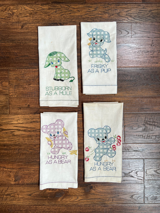Vintage Linens - Anthropomorphic Embroidered Napkin Set - Hungry Bear, Stubborn Mule, Frisky Pup