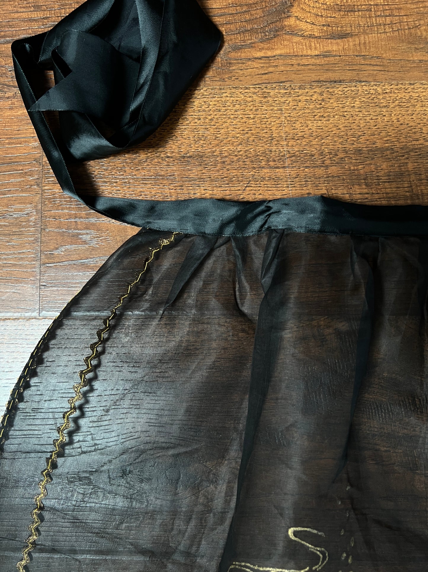 Vintage Mid Century Sheer Black Half Apron — Hand Painted Martini Cigarette with Gold Trim
