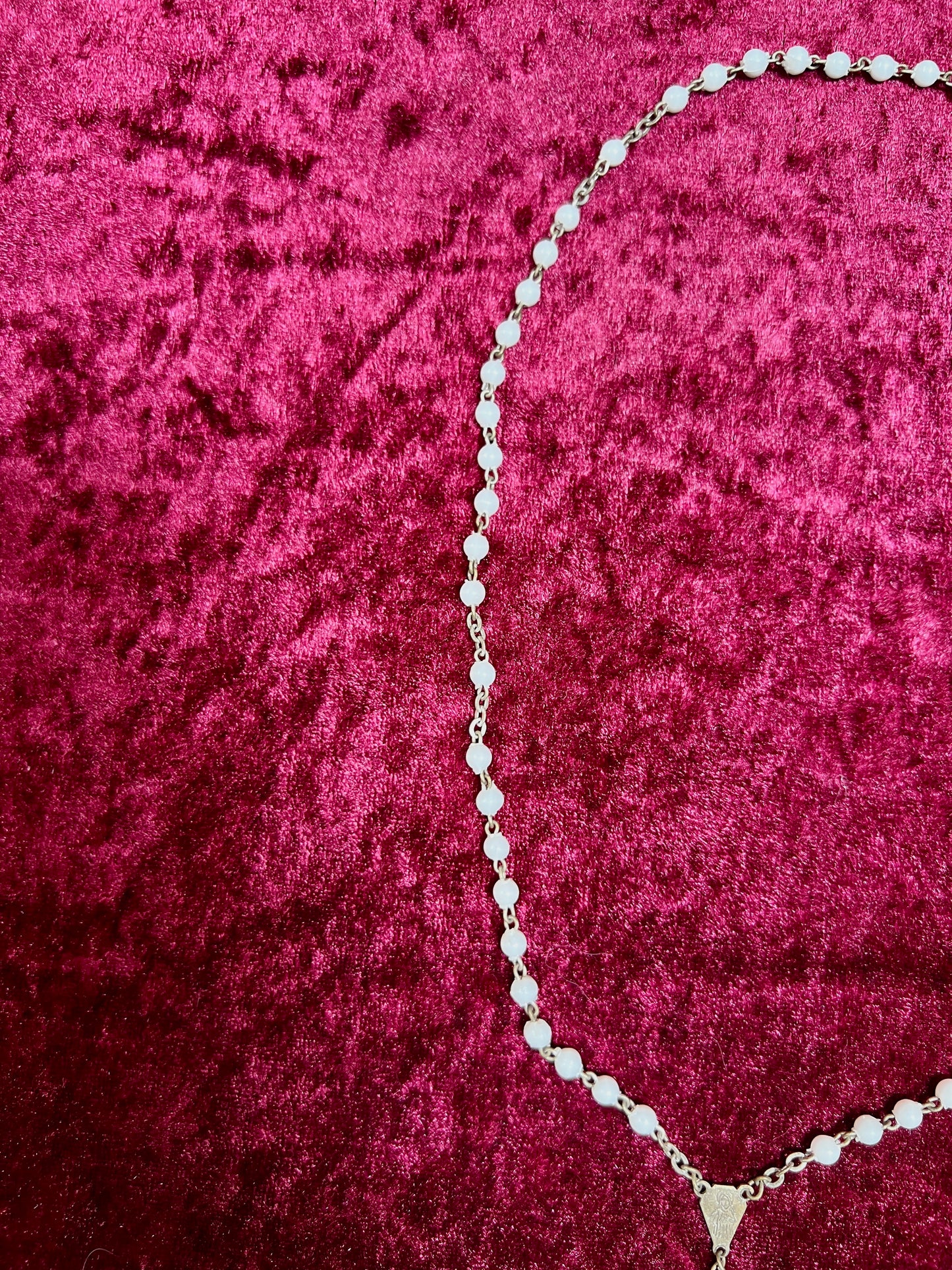 Vintage Jewelry - Rosary Beads - Shiny White Beads - Brass Tone Cross - 12.75"