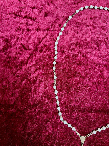 Vintage Jewelry - Rosary Beads - Shiny White Beads - Brass Tone Cross - 12.75"