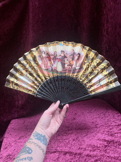 Vintage Mid Century Painted Wood Folding Fan – Double-Sided European Court Scenes