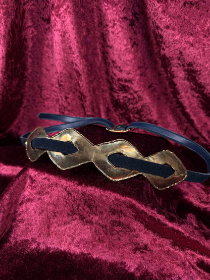 Vintage Brass and Indigo Suede Leather Belt – Sculptural Wave Plate Adjustable Fit