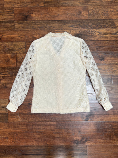 Vintage Clothing - Button Front Blouse - Floral Lattice Lace - Beige - Medium - Fashioned by Gregory