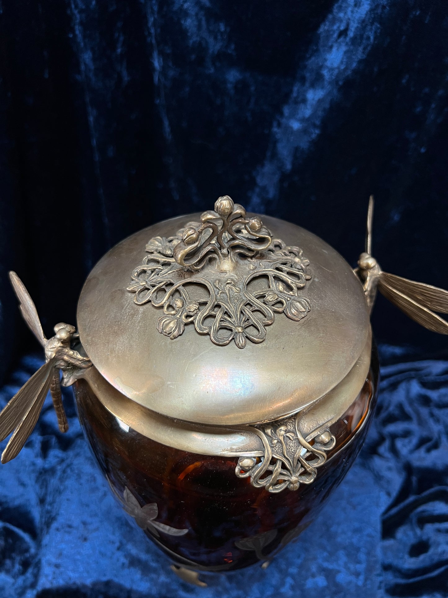 Vintage Art Nouveau Revival Opium Jar - Etched Poppies on Amber Glass - Castilian Poland