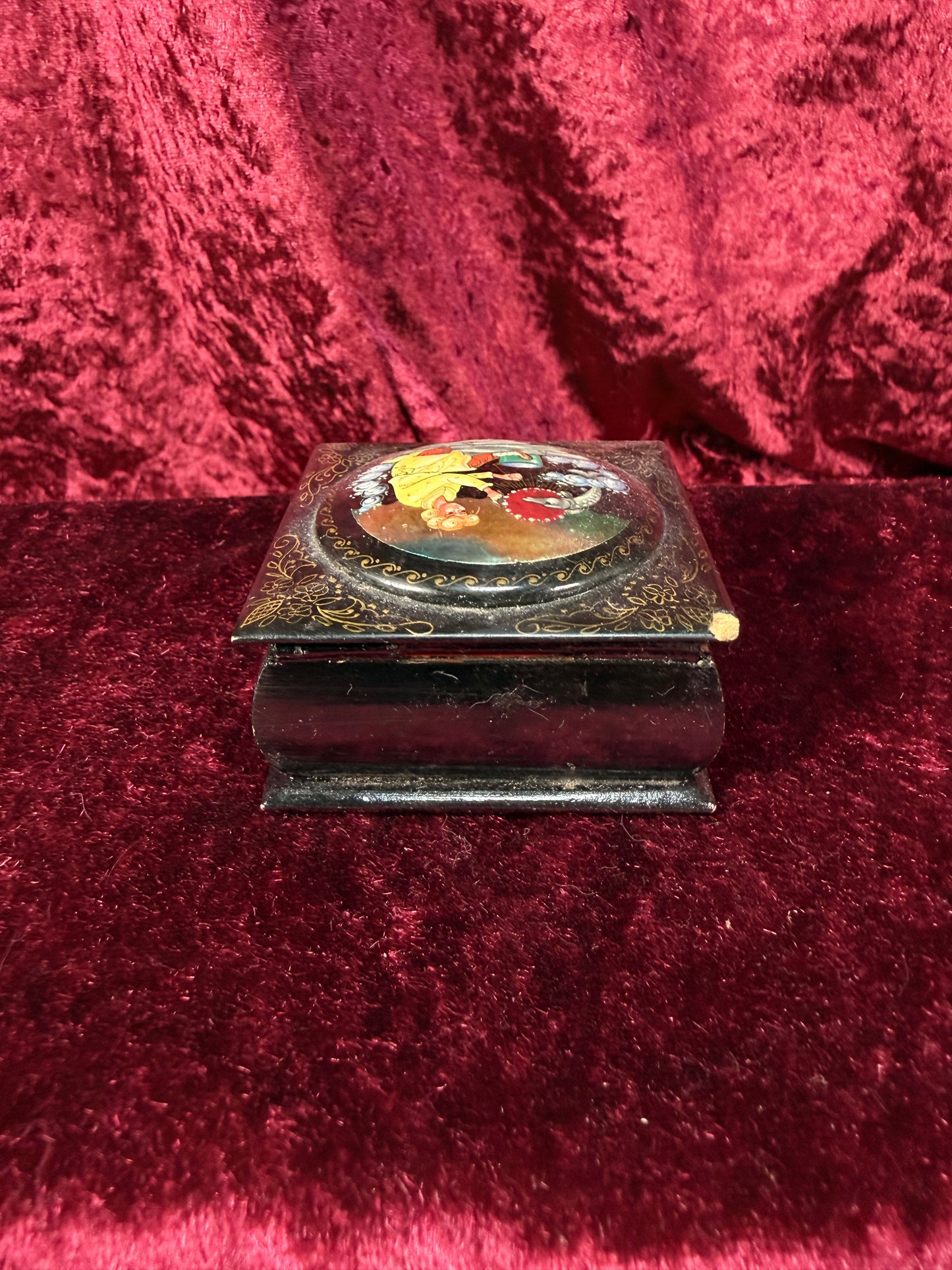 Vintage Lacquer Trinket Box with Hinged Lid – Man and Fish Fairytale Scene - Russian Kholui