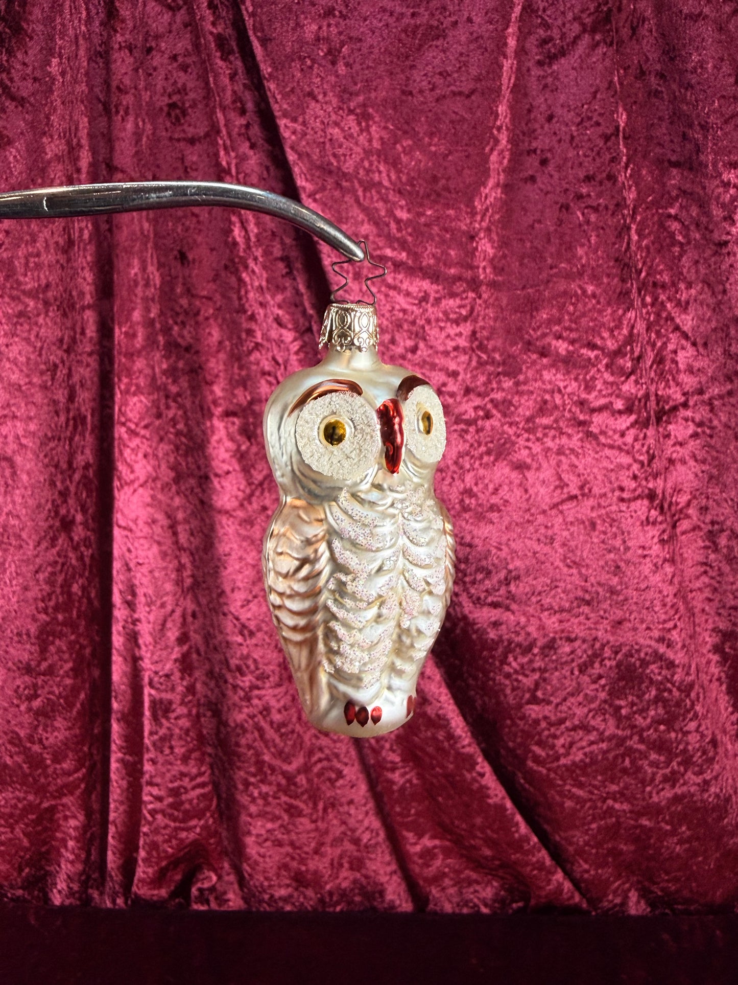 Vintage Christmas - Handblown Glass Ornament - Glitter Owl - Inge Glas - Germany